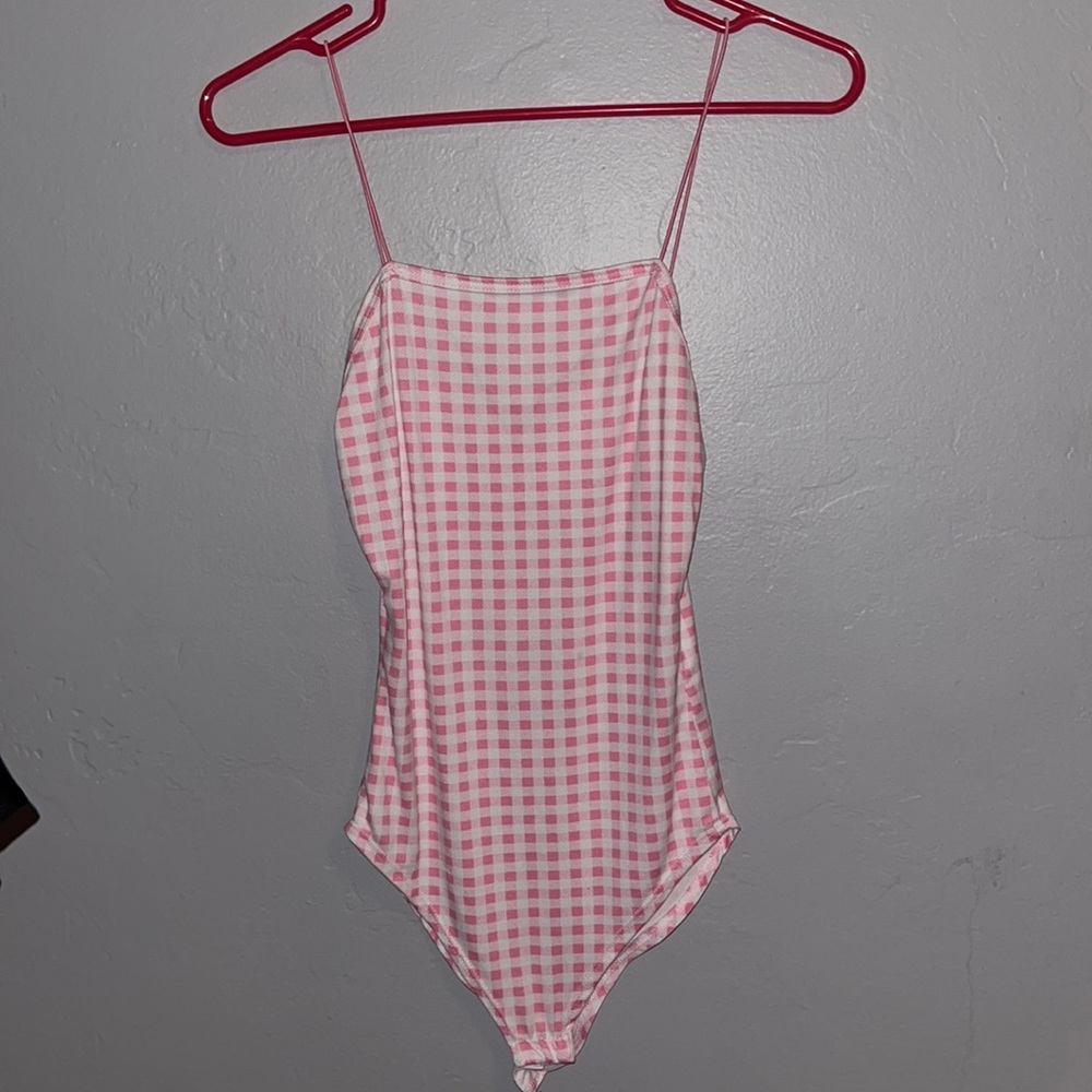 XS pink and white checkered bodysuit